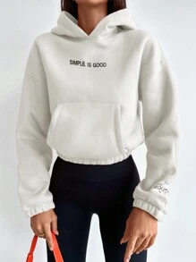 SHEIN Cottnline 棉质短款连帽运动衫，带文字图案和抽绳 - 白色 - 查看 5