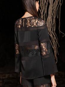 VERO DIAZ 设计师女士黑色雪纺透明蕾丝绉纱喇叭袖优雅宽松上衣，外出，节日 - 黑色 - 查看 5