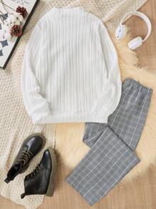 2pcs Tween Boys Formal Outfit - Stylish Turtleneck Sweater Top & Checked Suit Pants, Suitable For Formal Occasions