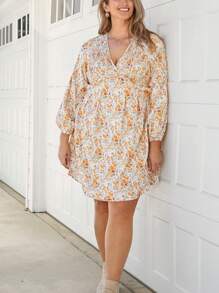 SHEIN LUNE Plus Size Women Autumn Flower Print V Neck Doll Dress Casual Outings Can Be Wear Together Dress Holiday Outfit Holiday Party Dress Dress Plus