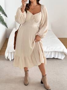 SHEIN VCAY Plus Size Rhinestone V-Neck Front Tie Long Sleeve Casual Dress - Apricot - View 3