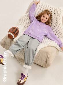 Tween Girls' Bow Print Round Neck Drop Shoulder Casual Hoodie, Autumn/Winter - Purple - View 4