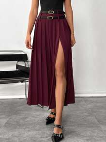 SHEIN Essnce 女士纯色褶皱侧开衩下摆休闲长裙 - 酒紅色 - 查看 6