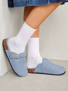 Solecia Women's Solid Color Splicing Metal Decorative Round Toe Fluffy Slippers - Blue - View 9