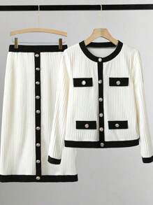 Chiquease Ensemble élégant et de 2 pièces, pull tricoté et jupe. Costume tricoté noir et blanc de haute qualité décontracté pour l'automne
