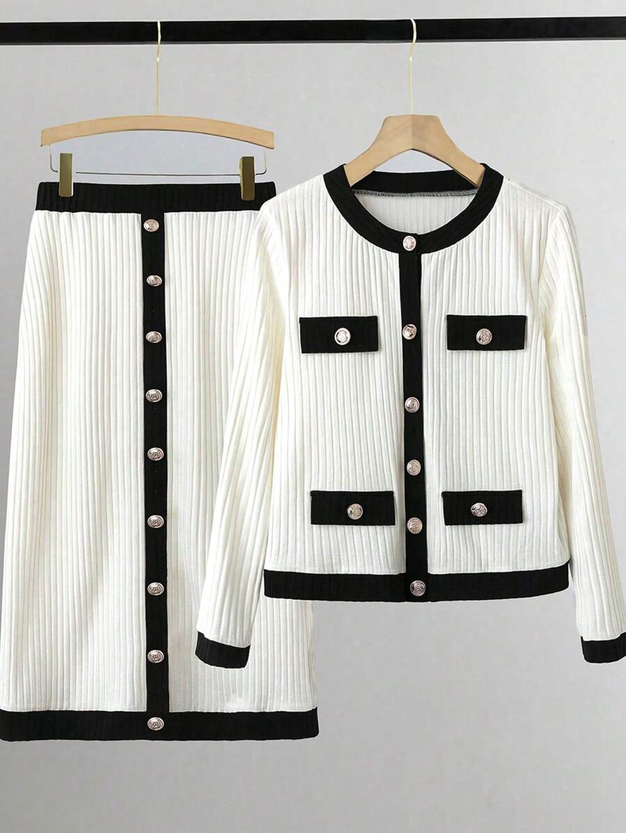 Chiquease Ensemble élégant et de 2 pièces, pull tricoté et jupe. Costume tricoté noir et blanc de haute qualité décontracté pour l'automne