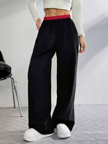 SHEIN EZwear Pantalones anchos y sueltos de mujer con bloqueo de color y cordón en la cintura, hechos de pana
