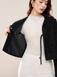 EastFlair 女士蝴蝶结领长袖短款常规夹克，秋冬 - 黑色 - 查看 7