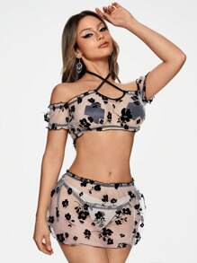 ROMWE Goth 深色花卉印花植绒泡泡袖系带性感内衣套装