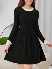 SHEIN Girlism 少女优雅复古串珠撞色长袖迷你连衣裙 - 黑色 - 查看 4