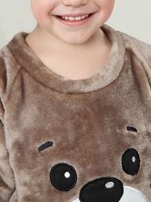 SHEIN 2pcs Boys Toddler Cute Adorable Bear Embroidery Beige Flannel Coral Velvet Warm Long Sleeve Top And Long Pants Loungewear Set, Casual Comfortable Outfit, Suitable For Autumn And Winter