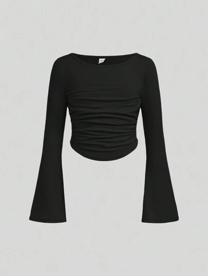 SHEIN Girlism Tween Girls Slim Fit Casual Crewneck Bell Sleeve Pleated Design Long Sleeve T-Shirt