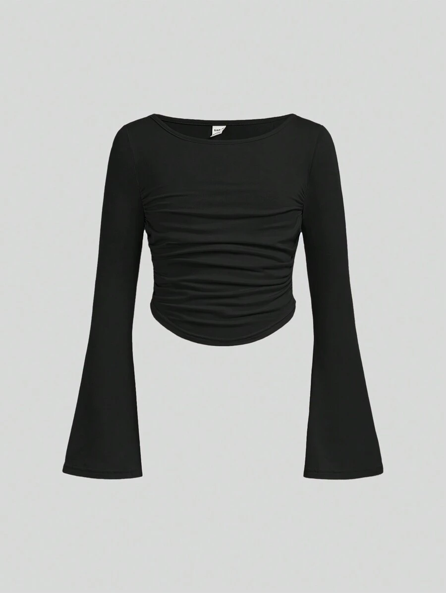 SHEIN Girlism Tween 女童修身休闲圆领喇叭袖褶皱设计长袖 T 恤