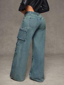 SHEIN SXY Pantalones vaqueros de carga de pierna ancha y lavados informales para mujeres - Azul - Ver 2