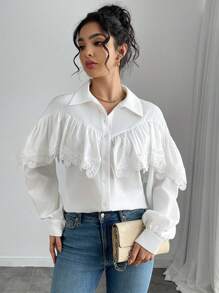 Chiquease Women's Solid Color Casual Ruffled Long Sleeve Versatile Blouse Women Shirt - White - View 6
