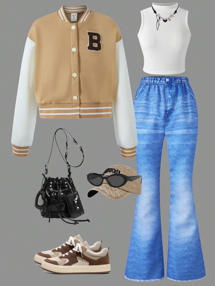 Girls Casual Hoodie Jacket + Solid Color Tank Top & Extended Pants Set - Khaki - View 1