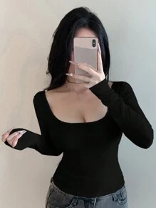 DAZY 女士纯色圆领修身长袖 T 恤，秋季，返校服装，秋季女装 - 黑色 - 查看 2