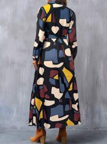 EMERY ROSE 秋季女装，有袖连衣裙，长款秋季连衣裙，几何印花图案可调节腰带连衣裙