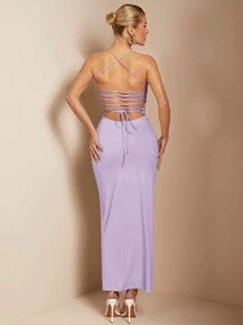 SHEIN BAE 直筒长款女式连衣裙，配有精致的后系带细节和低背设计