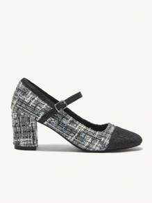 CUCCOO CHICEST 方头带扣粗花呢 7 厘米高跟玛丽珍鞋，法式别致优雅春季鞋春假复活节 - 黑色 - 查看 5