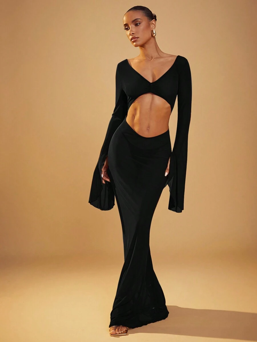Hauture Đầm maxi dự tiệc tay dài, vạt xòe và cổ tay khoét hở. - màu đen - Xem 1