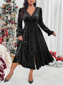 Celure Vestido midi elegante de terciopelo burdeos para fiesta/ocasión/casual, con cuello en V, parches de encaje, mangas farol, mangas largas y cierre con botones en línea A con abertura