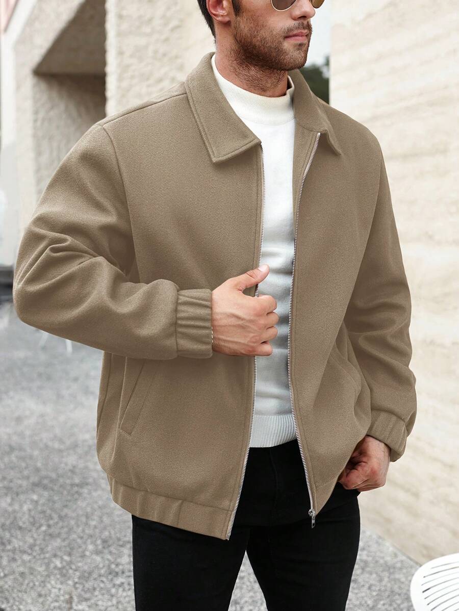 Manfinity Homme Plus Size Men Solid Zipper Casual Jacket, Minimalist Everyday Style - Khaki - View 1