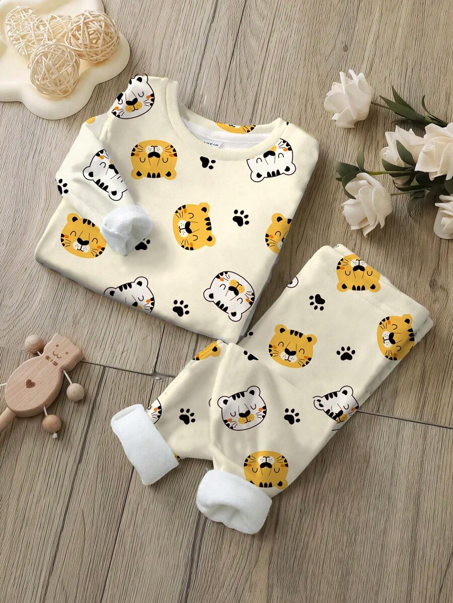SHEIN 男婴休闲卡通老虎印花舒适长袖上衣和裤子套装，秋冬舒适家居服 - 彩色 - 查看 1