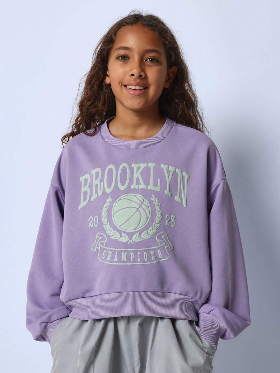 SUMWON Tween Girls Brooklyn Champions Sweatshirt Retro Collegiate Style Varsity Logo Basketball Collection Fall Winter Streetwear Everyday Sporty Design Relaxed Youth - Purple - View 1