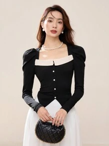 EastFlair Women Elegant Solid Black Christmas Long Sleeve Top, Korean Style Princess Sleeve Asymmetrical Hem Color Block Blouse, Winter/New Year Wear