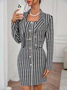 SHEIN Clasi 女士优雅千鸟格连衣裙，配有金属纽扣和翻领西装外套 2 件套，适合约会和通勤