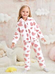 年轻女孩可爱心形图案羊毛面料开衫和加厚羊毛长袖裤保暖家居服套装，新款 - 粉色 - 查看 1