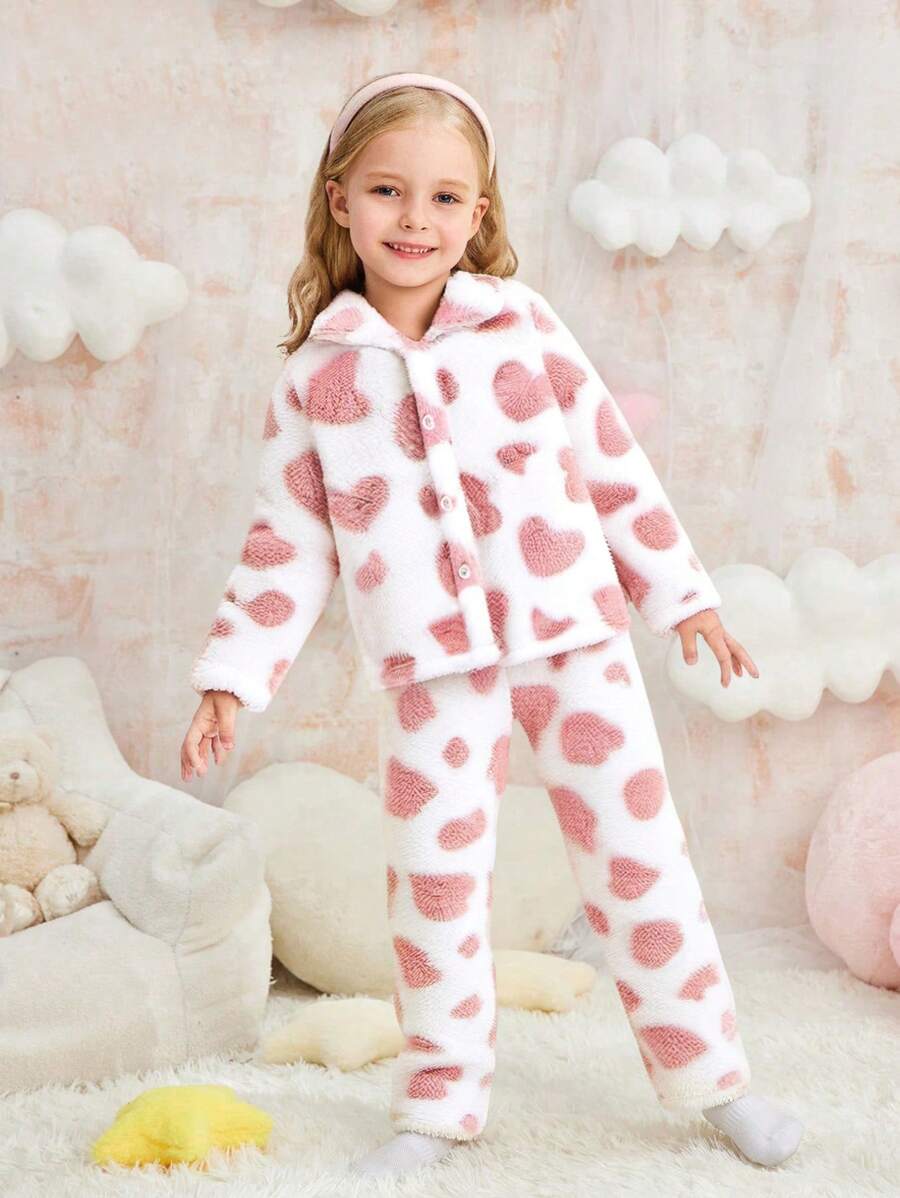 年轻女孩可爱心形图案羊毛面料开衫和加厚羊毛长袖裤保暖家居服套装，新款 - 粉色 - 查看 1