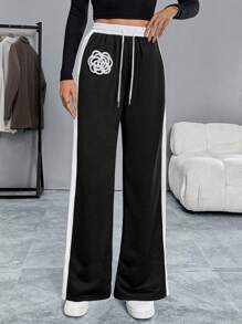 SHEIN LUNE Women's Casual Black & White Contrast Floral 3D Straight Leg Sweatpants Fall Cloth For Women