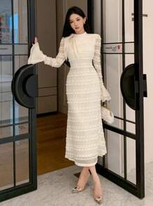 DAZY Váy đuôi cá tay loe thắt nơ cổ bán rùa, chất liệu vải họa tiết, thời trang xuân/hè, dành cho ngày lễ tình nhân, ngày lễ thu, đông - trắng - Xem 7