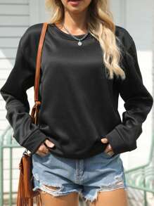 INAWLY Áo nỉ cổ tròn tay rộng màu trơn, thích hợp cho mùa thu. - màu đen - Xem 1