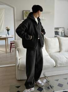 DAZY 2 件男士纯色前拉链连帽衫和长裤套装，简约秋冬 - 黑色 - 查看 4