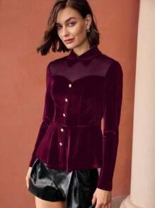 MOTF PREMIUM CONTRAST MESH VELVET BUTTON FRONT SHIRT - Burgundy - View 7