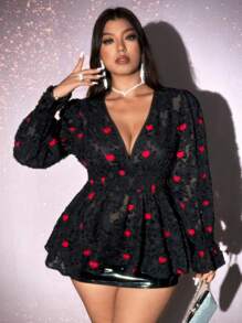 Viva Relle Blusa sencilla de manga larga con escote en V y estampado de corazón en tela jacquard, para tallas grandes, top con volantes para uso casual diario, San Valentín - Negro - Ver 1