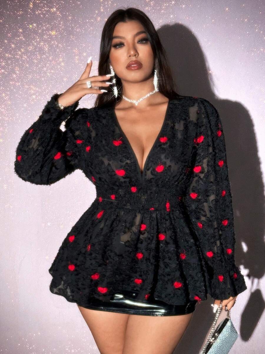 Viva Relle 大码心形提花 V 领长袖简约衬衫，休闲日常穿着荷叶边上衣，情人节 - 黑色 - 查看 1