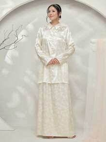 Graceveil Baju Kebaya Floral Jacquard Long Sleeve Button-Up Shirt & Long A-Line Skirt Set Modest