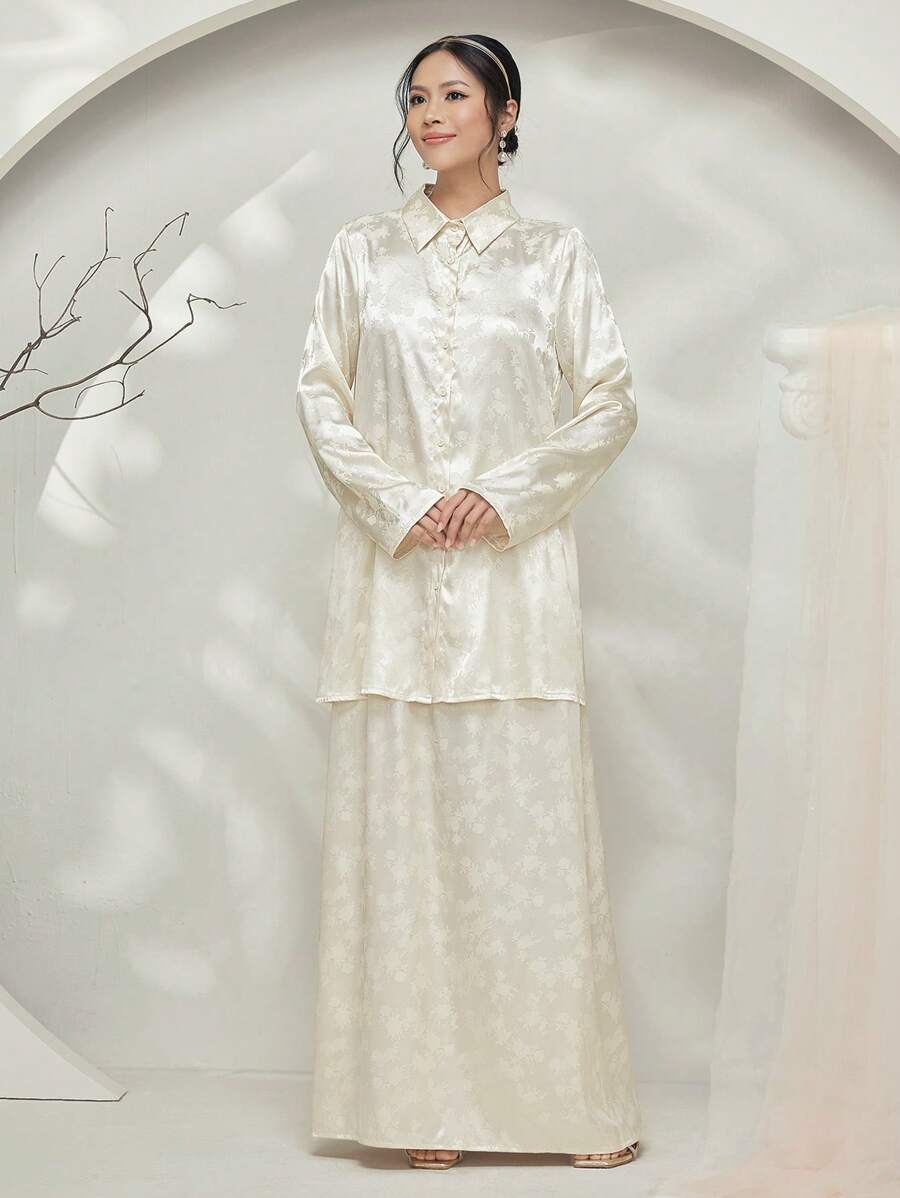 Graceveil Baju Kebaya Floral Jacquard Long Sleeve Button-Up Shirt & Long A-Line Skirt Set Modest