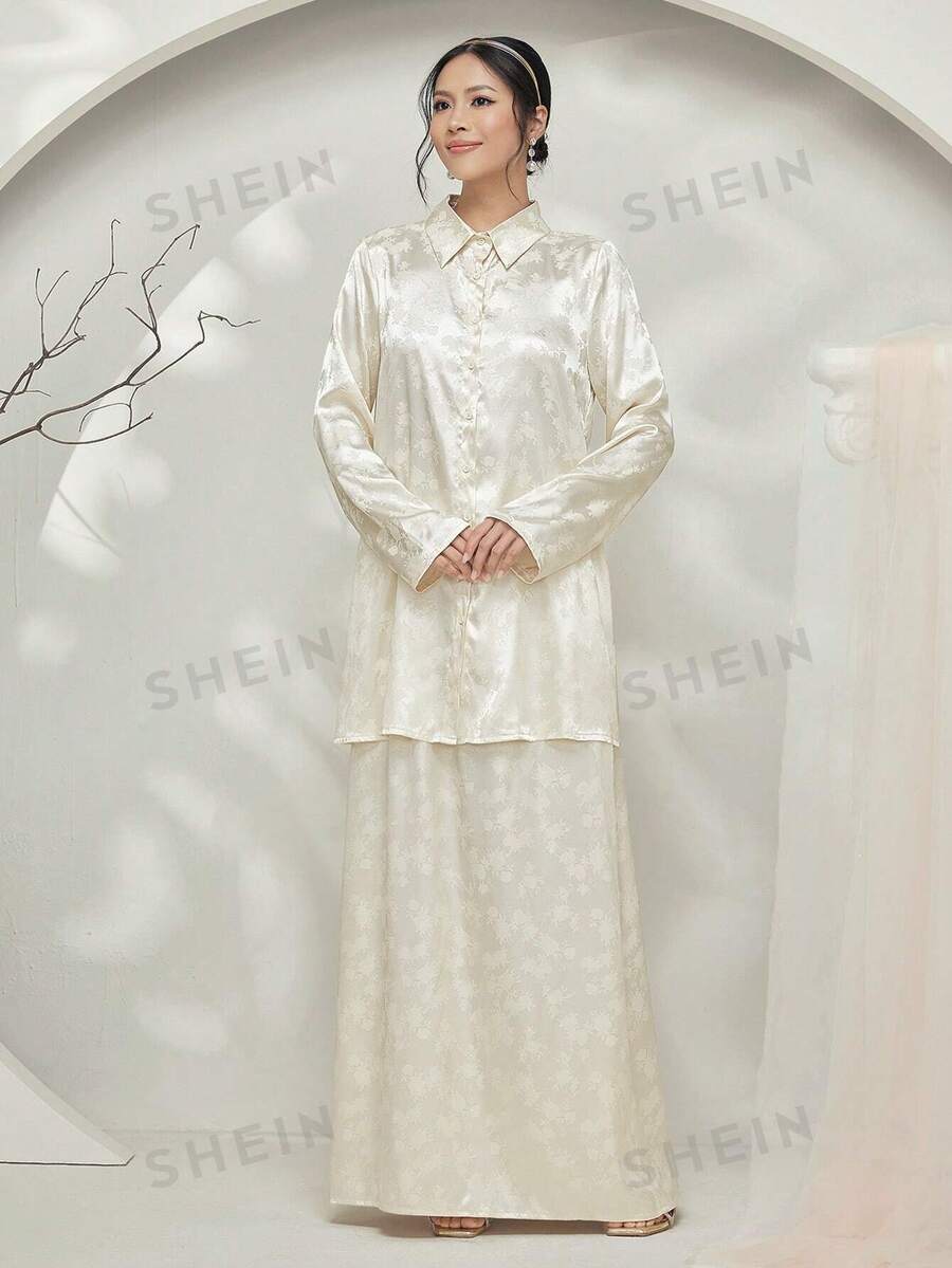 Graceveil Bescheidenes Set aus langärmliger Bluse mit Blumen-Jacquard-Muster und langem A-Linien-Rock - Aprikosenfarben - Übersicht 1