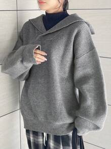 FRIFUL 女士纯色长袖简约连帽毛衣，休闲日常穿着，秋季服装 - 灰色 - 查看 6