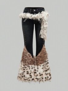 ROMWE J-Fashion Y2K Gyaru Inspired Low Rise Vintage Leopard Print Faux Fur Flared Jeans - Blue - View 1