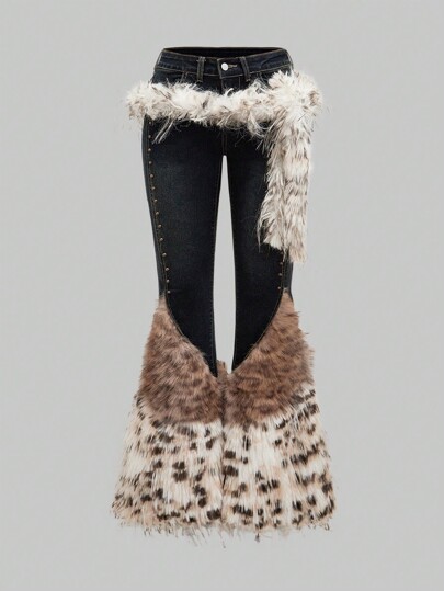 J-Fashion Y2K Gyaru Inspired Low Rise Vintage Leopard Print Faux Fur Flared Jeans