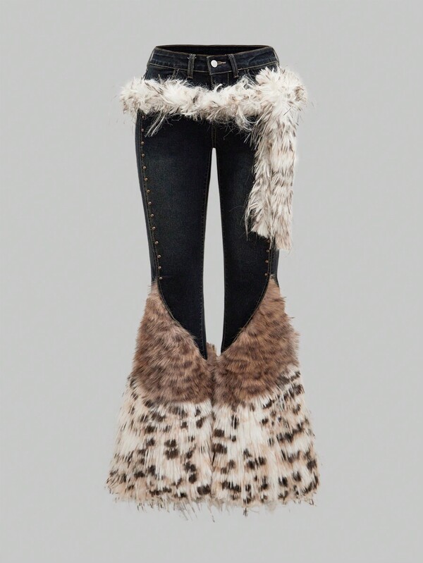 ROMWE J-Fashion Y2K Gyaru Inspired Low Rise Vintage Leopard Print Faux Fur Flared Jeans