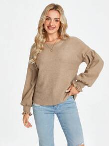 SHEIN LUNE Round Neck Long Lantern Sleeves Frill Trim Textured Fabric Casual Elegant Comfortable Warm Base Layer T-Shirt For Women, Autumn/Winter Winter Clothes For Women