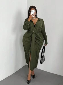 Maweii Plus Size Solid Color Button Front Long Sleeve Casual Dress Maxi Women Outfit Fall Cloth For Women - Green - View 4