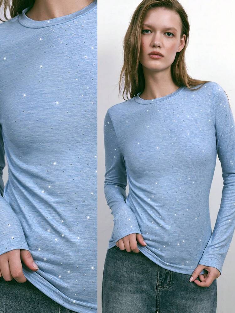 SHEIN Maija Urban Chic Elegant Casual Light Blue Rhinestone Embellished Top/T-Shirt, Women